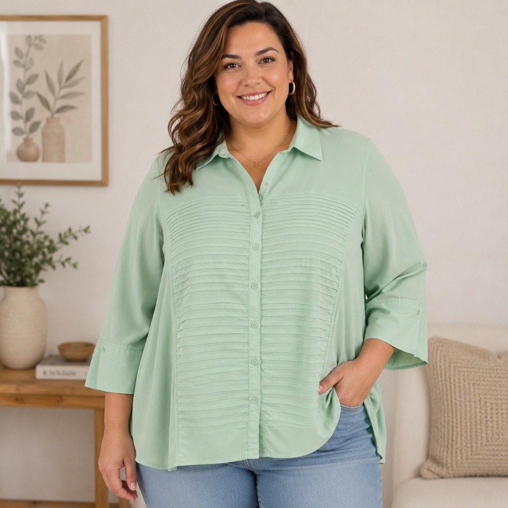 Zac & Rachel Woman 3X Mint Green Pleated Blouse Button Front Career Office‎ Top